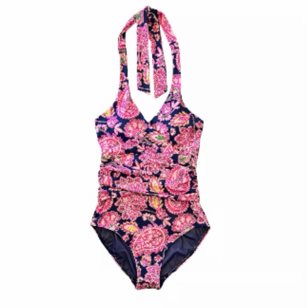 🆕 Boden Levanzo Ruched Halter One Piece Swimsuit
 Size 4R Navy, Paisley Terrace🆕